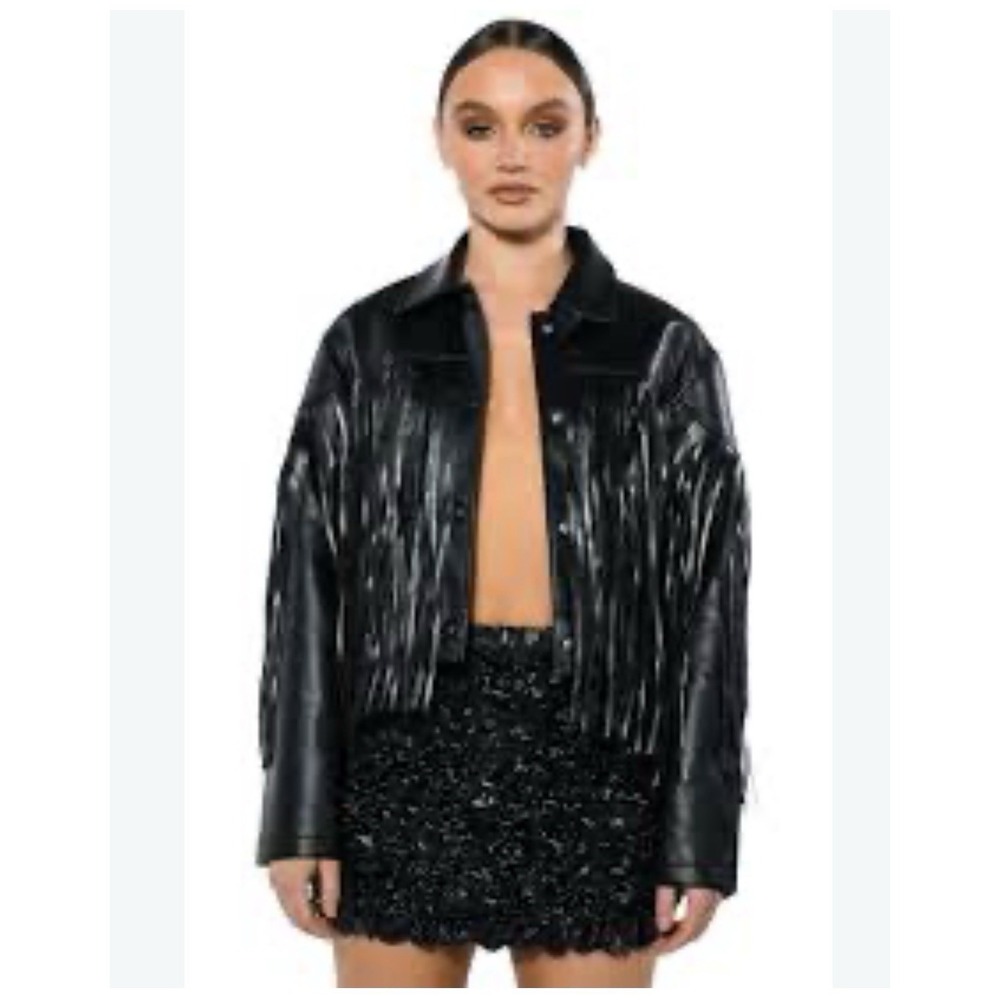 Azalea Wang Count It Fringe Boxy Jacket Women's Size Medium Black PU